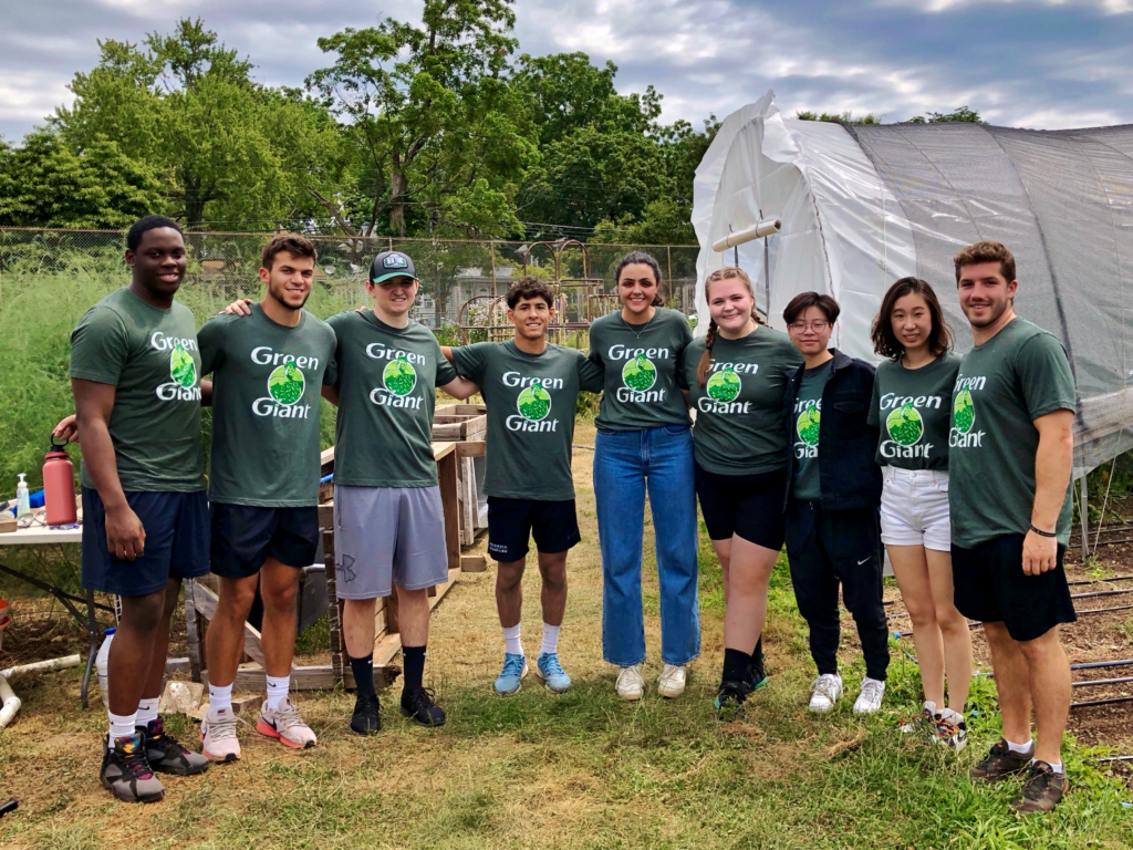 B&G Foods summer interns in Green Giant t-shirts together outdoors during their internship program