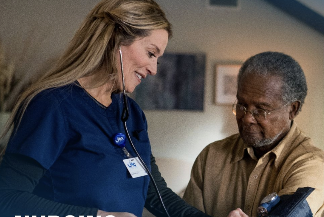 Video thumbnail: Amy, an LHC Group home health RN, checking a patient's blood pressure at home