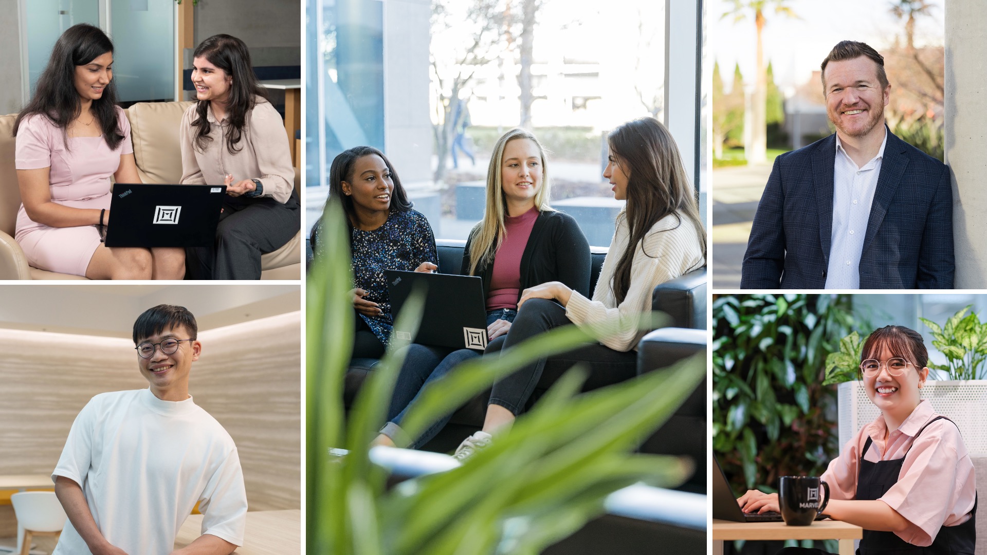 A montage of Marvell early-career interns and engineers collaborating in the office