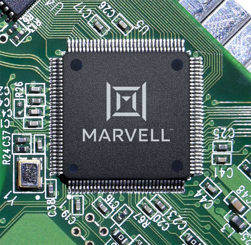 A Marvell semiconductor controller chip mounted on a green circuit board