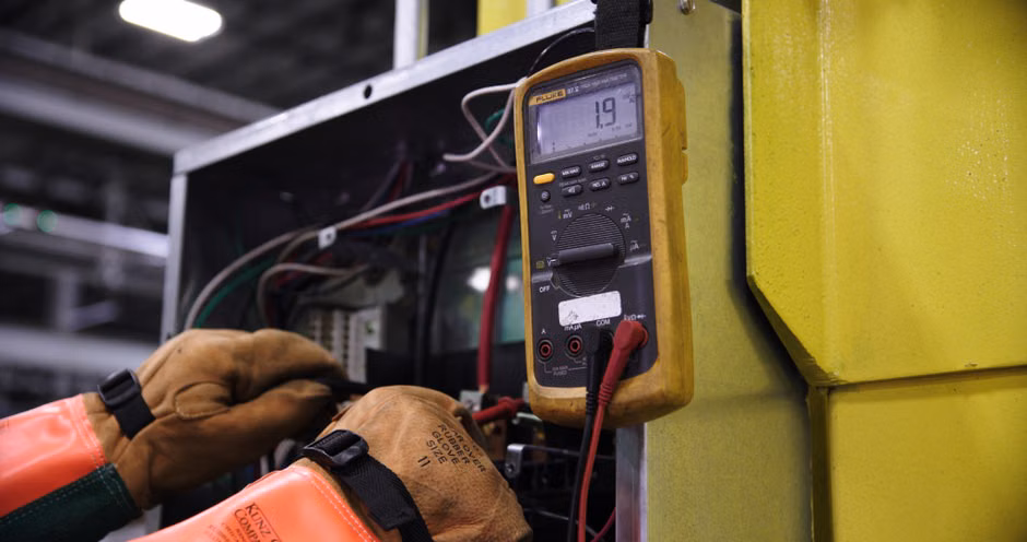 A gloved HVAC technician taking a reading from a digital gauge on equipment