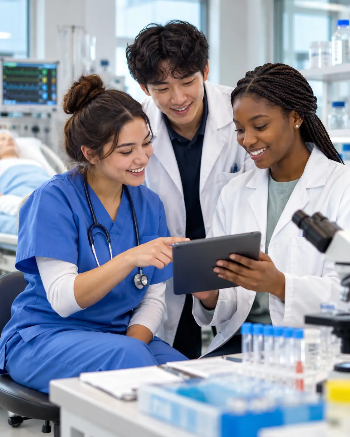 Rising healthcare professionals working together in a laboratory