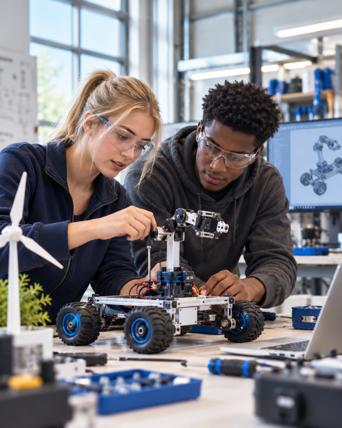 Young blonde engineer building a robotic prototype with a colleague