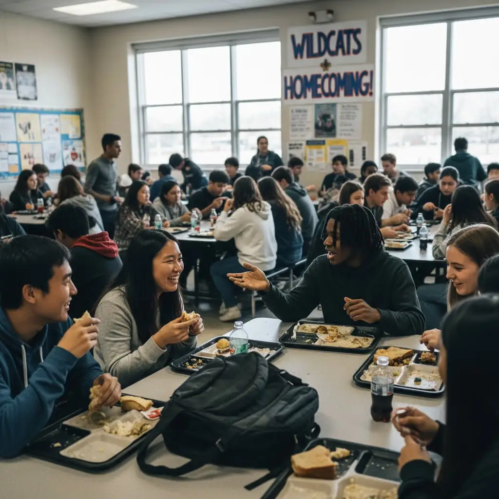 High school students talking and laughing over lunch in a school cafeteria, with homecoming posters in the background